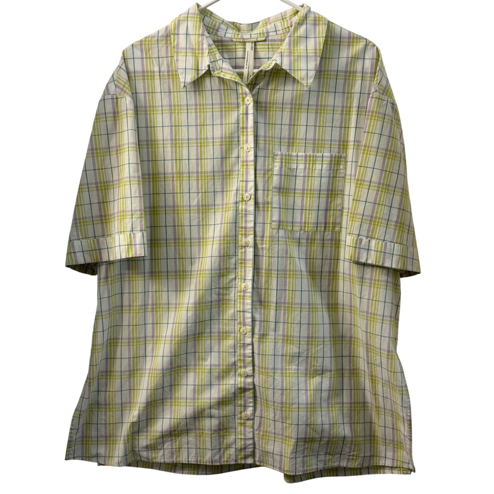 Anthropologie Plaid Short‎ Sleeve Button Up Shirt Women's Size S Oversized Retro